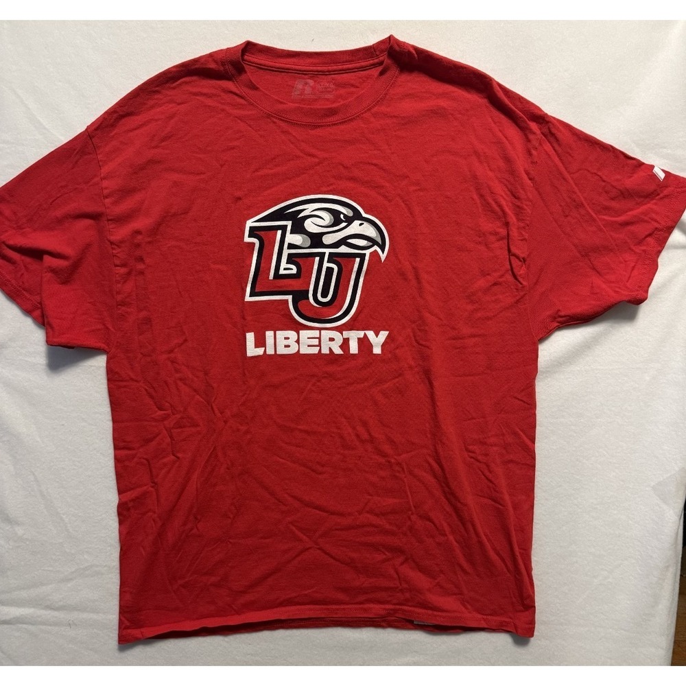 NEW Russell Liberty‎ University Flames Shirt Mens XL Short Sleeve Crew Neck Red